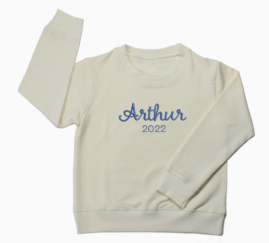 Sweat-shirt à col rond personnalisé nom et année en coton bio